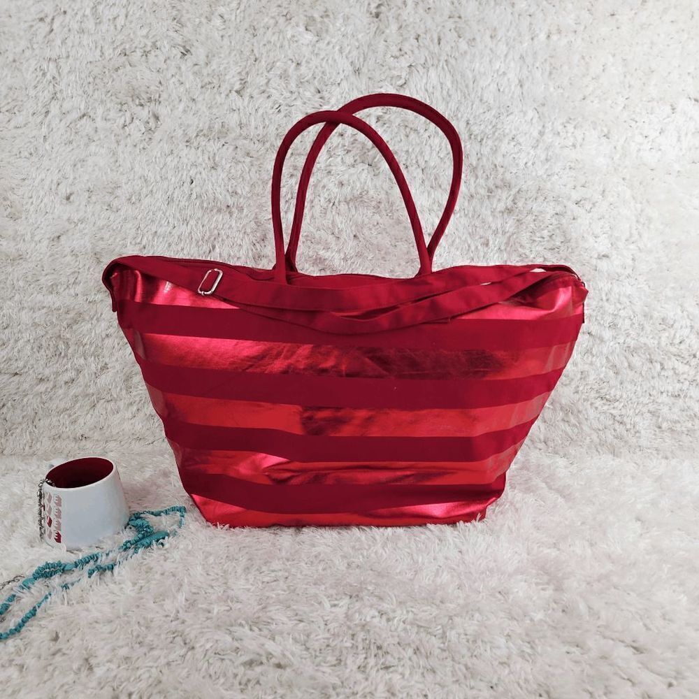 NWT Victoria's Secret Red Striped Signature Canvas Tote Bag Top 25" x 14" Bottom
